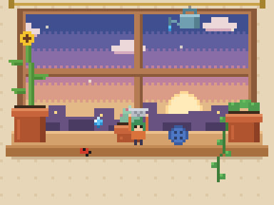 Pixel windowsill with a tiny explorer holding a thimble under a leaking watering can