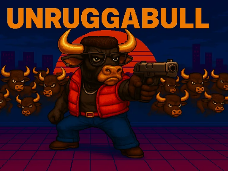 Unruggabull title screen: a bull in a red vest and sunglasses holding a blaster