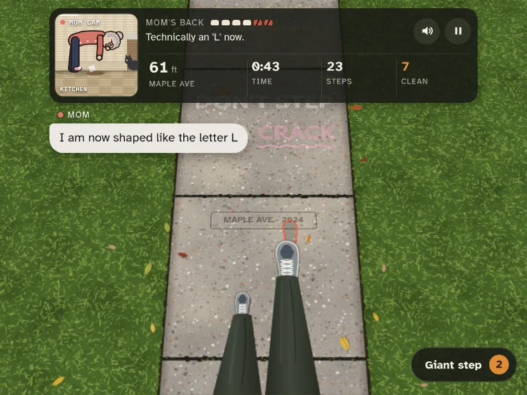 Looking down at sneakers on a chalked sidewalk, with a Mom Cam showing Mom folded in half in her kitchen