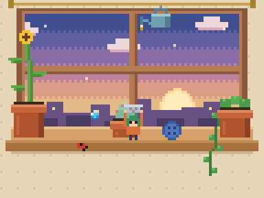 Pixel windowsill with a tiny explorer holding a thimble under a leaking watering can